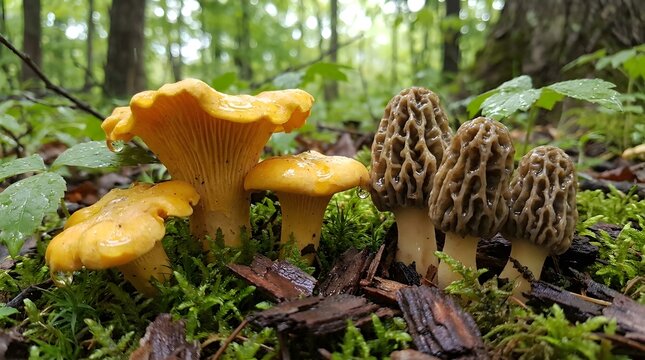 Vibrant yellow chanterelle and textured morel mushrooms growing together on green forest floor covered with damp moss