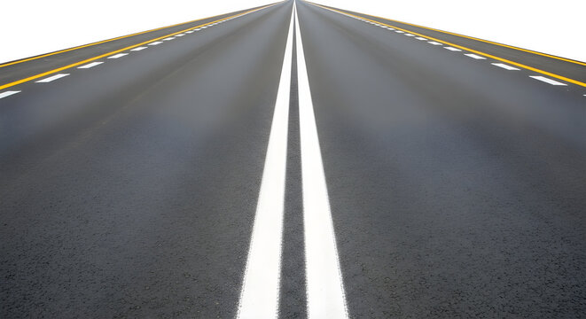 Straight asphalt highway road leading into the distance isolated on a clean transparent background for transportation design