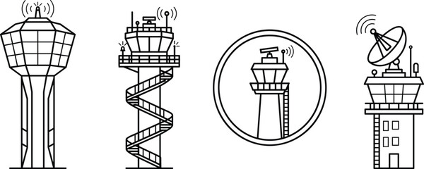 Airport control tower outline icons vector set isolated on white background © MstBabli