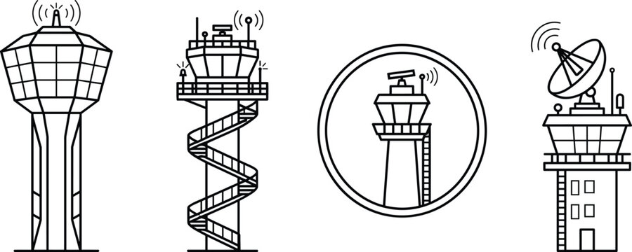 Airport control tower outline icons vector set isolated on white background