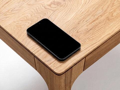 Black Smartphone Screen Mockup on Wooden Desk for App and Website Design