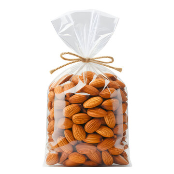 Almonds in clear plastic bag isolated on transparent background for healthy snack food packaging design