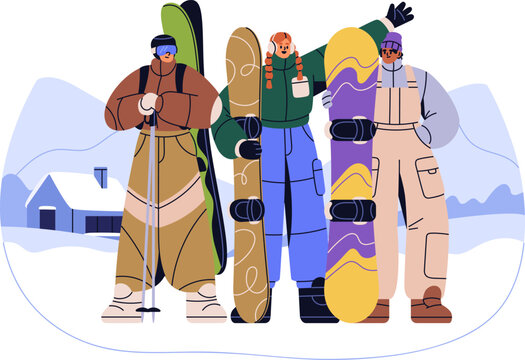 People with snowboards standing at alpine mountain ski resort. Happy friends group with snow boards at winter sport activity recreation. Flat vector illustration isolated on white background