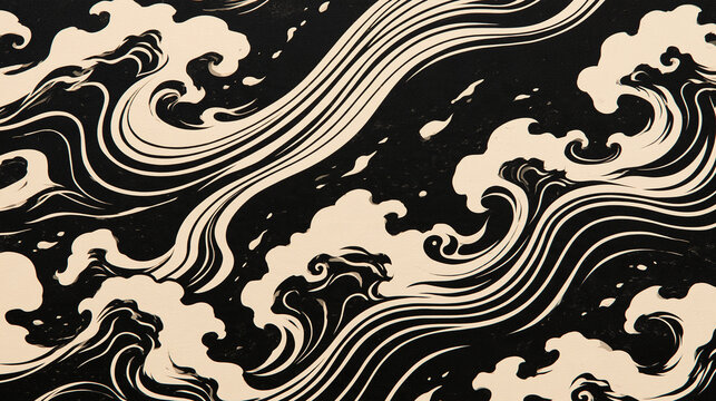 黒と生成りで描かれた荒波が流れる浮世絵風の和風波模様背景