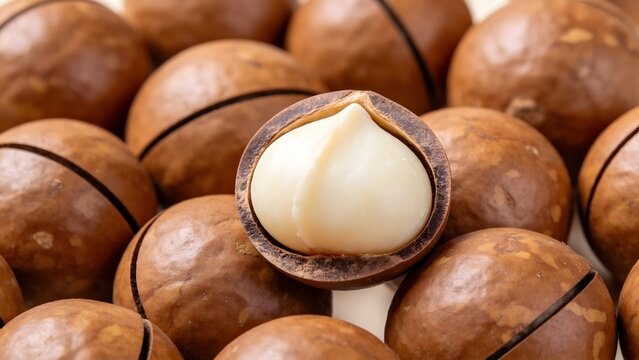 Close-Up of Macadamia Nuts with Cracked Shell and White Kernel