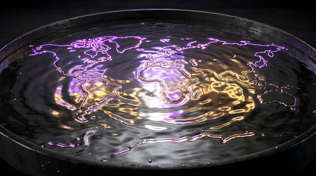 Abstract world map silhouette glowing with golden ripples on dark water surface abstract continents geography reflection illuminated technology connection
