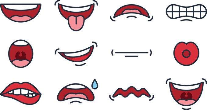 Cartoon mouths showing expressions collection featuring flat vector icons of lips and teeth depicting smiling laughing shouting crying shock and anger for character design creation.