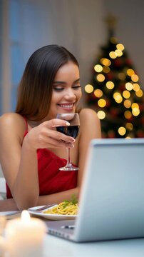 virtual Valentine date and long distance romance, smiling woman enjoying virtual date in front of laptop screen, woman holding wine glass during online romantic dinner on holiday evening