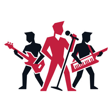 Stylized rock band illustration with singer guitarist and keytar player. Minimalist music band graphic with singer and musicians