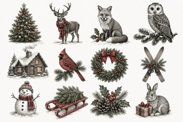 Fototapeta premium Vintage Christmas wildlife illustrations, cabin, wreath, sled and skis