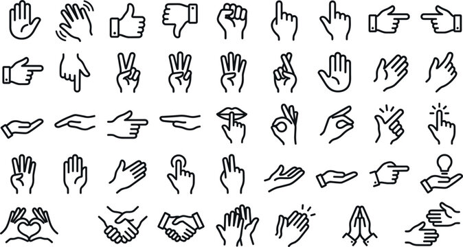Comprehensive vector set of human hand gesture outline icons featuring pointing fingers fist clapping hands handshake