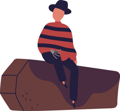 Halloween serial killer, Freddy sitting on coffin. Freddy character, killer on coffin box. Halloween evil creepy character in Krueger costume. Horror person on casket. Flat vector illustration