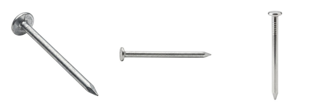 Three silver metal nails shown at different angles isolated on a transparent background