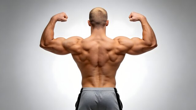 Back view of muscular shirtless man flexing back and biceps muscles in studio