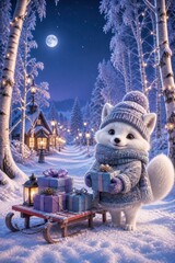 Fototapeta premium Adorable winter fox carrying gifts beside a snowy sleigh