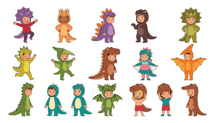 Cute kids in dinosaur costumes cartoon character set. Children wearing dragon onesies, masks, wings and tails. © CREATIVE STUDIO BD