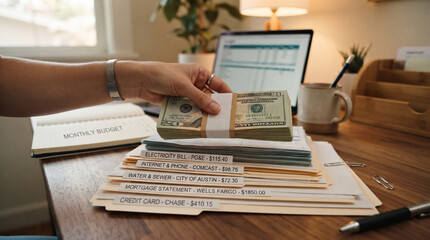Obraz premium Budgeting Money at Home: A person's hand carefully places a stack of dollar bills onto a desk covered with financial documents, including bills and a laptop displaying a spreadsheet.