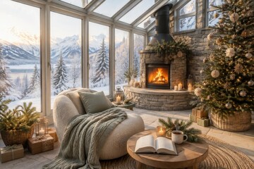 Fototapeta premium Cozy glass cabin living room with fireplace, Christmas tree