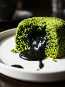 Delicious matcha green tea lava cake with a flowing black sesame center on a white plate.
