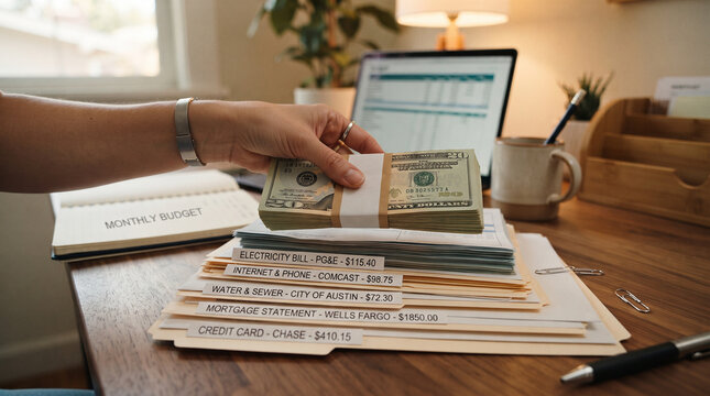 Budgeting Money at Home: A person's hand carefully places a stack of dollar bills onto a desk covered with financial documents, including bills and a laptop displaying a spreadsheet.