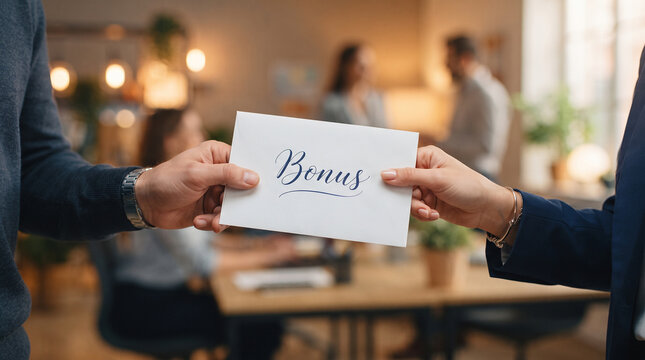Bonus Envelope Exchange: A close-up shot captures the intimate moment of a bonus envelope being handed over in an office setting, signifying reward and appreciation.