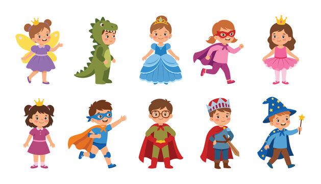 Cute kids in carnival costumes cartoon character set. Children wearing superhero capes, princess dress, wizard hat, dinosaur.