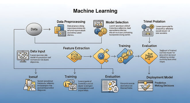 Machine learning workflow diagram with icons and text steps on a blue gradient background with infographic illustrates sequential