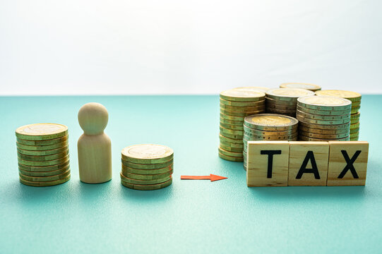 Concept of income, tax contributions, taxes, and levies, represented by coins and wooden tokens.