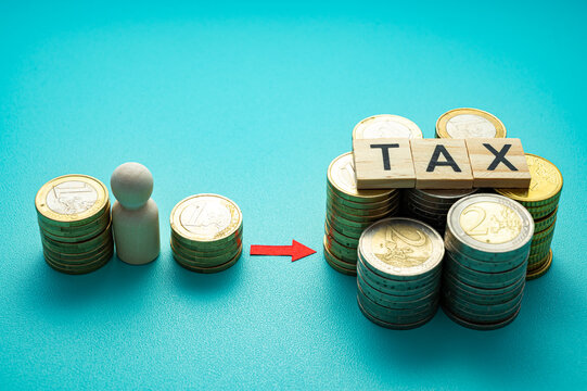 Concept of income, tax contributions, taxes, and levies, represented by coins and wooden tokens.