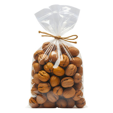 Walnuts in plastic bag isolated on transparent background for commercial food packaging and grocery retail design