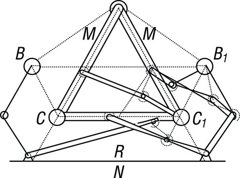 Mechanical engineering mechanism diagram illustrating kinetic linkage movement and physics forces calculations using structural geometry equations