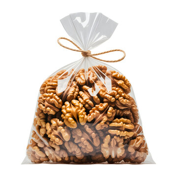 Walnuts in clear plastic bag with twine bow isolated on transparent background