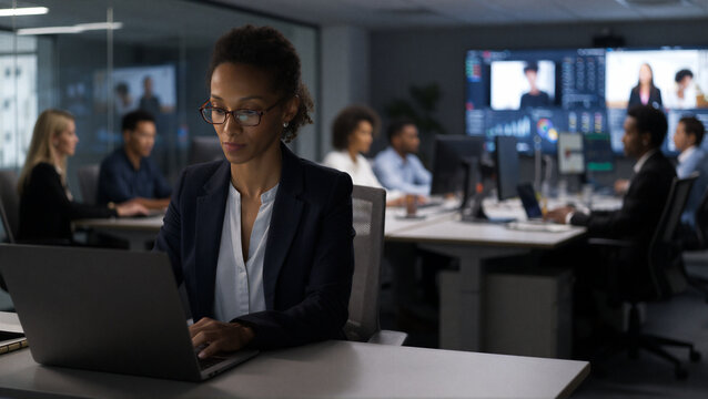 A professional black businesswoman working intently on her laptop in a modern corporate office environment.