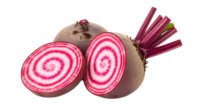 Fresh organic striped beetroots sliced with vibrant pink and white spiral patterns isolated on a professional transparent background