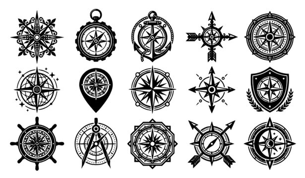 Vintage Compass and Navigation Symbol Vector Set with Nautical Directional and Explorer Icons for Travel Adventure Design