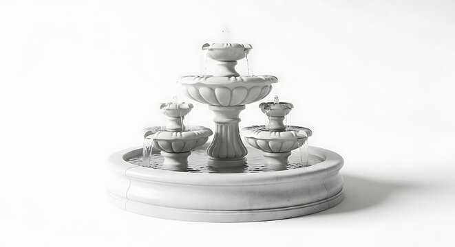 A white marble water fountain with multiple tiers stands against a plain white background with cascading down circular