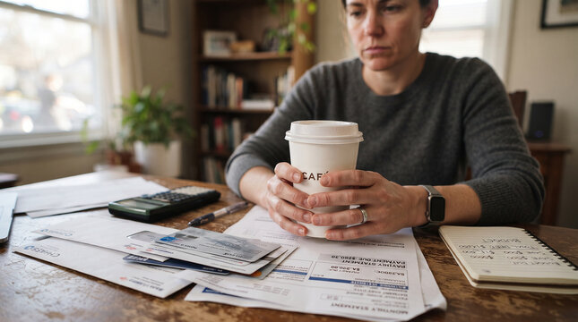 Financial Strain: A woman sits at a table, surrounded by bills, a calculator, and a notebook, holding a disposable coffee cup with a somber expression, reflecting financial anxiety and stress.