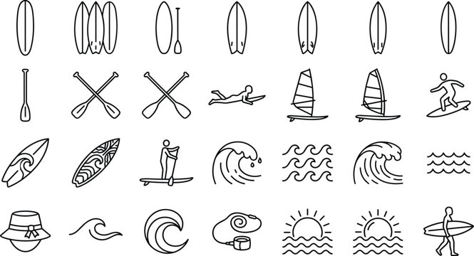 Summer water sports vector icon collection showing surfboard types ocean waves paddles windsurfing equipment and swimmer graphics