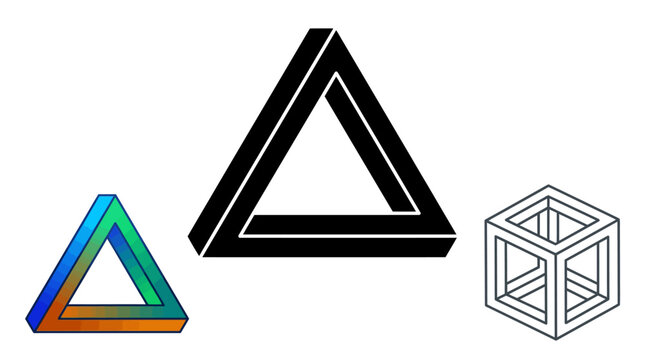 Impossible triangle and optical illusion shapes on a white background
