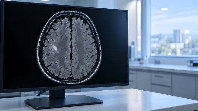 Brain tumor MRI and CT radiology concept with a small focal lesion on hospital monitors in a clean clinical setting for medical education, patient information, and healthcare website design