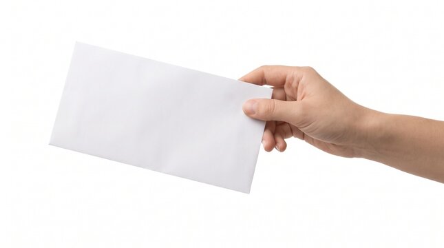Hand holding a blank white envelope mockup against a white background