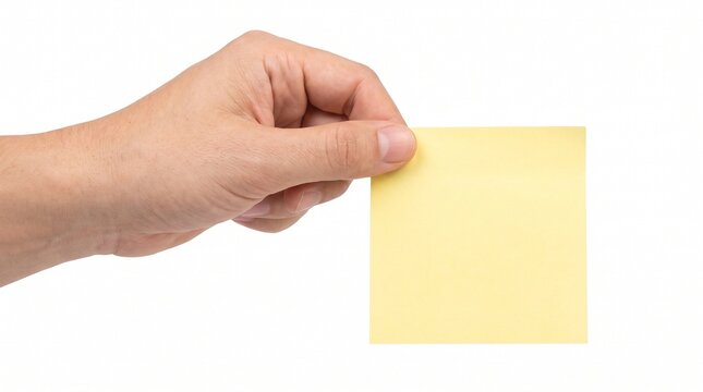 Hand holding a blank yellow sticky note paper against a white background