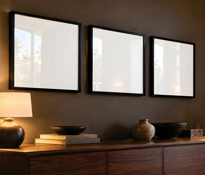 Dark Wall Triple Square Frame Mockup, Three 1:1 Frames in Moody Modern Interior, Luxury Wall Art Mockup, Glass Reflection, PSD JPG
