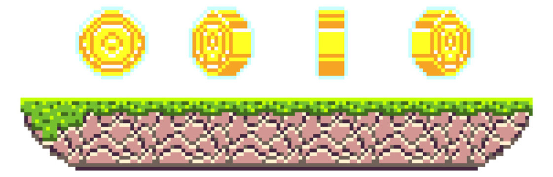 Pixel game platform with coins. Retro level screen