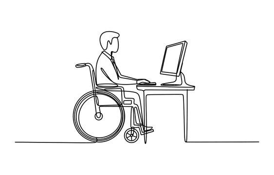 Businessman in a wheelchair working on a computer at a desk as a continuous single line drawing