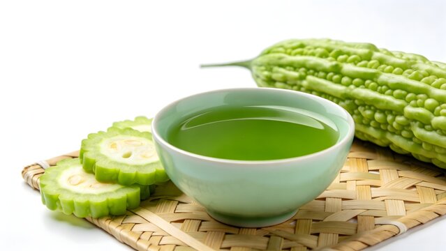 Green Bitter Melon Tea in a Bowl with Fresh Sliced Bitter Gourds on Bamboo Mat