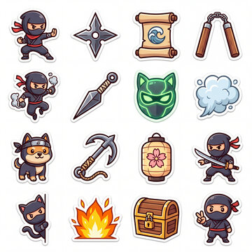 Cute Ninja Characters Set Cartoon Illustration for Game Assets and Stickers