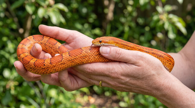 Orange Corn Snake in Hand: A vibrant orange corn snake, coiled gently in a person's hands, displays its intricate scales and flicking tongue against a blurred green, leafy background.