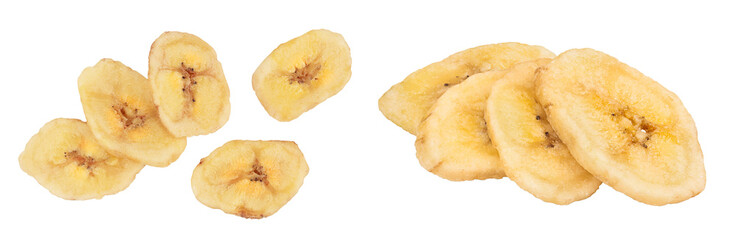 Dried banana chips isolated on white background with full depth of field. Top view. Flat lay © kolesnikovserg