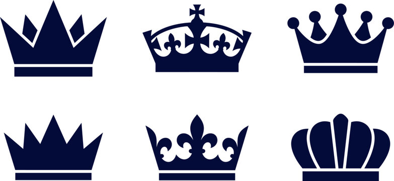Set of six different crown icons in flat style